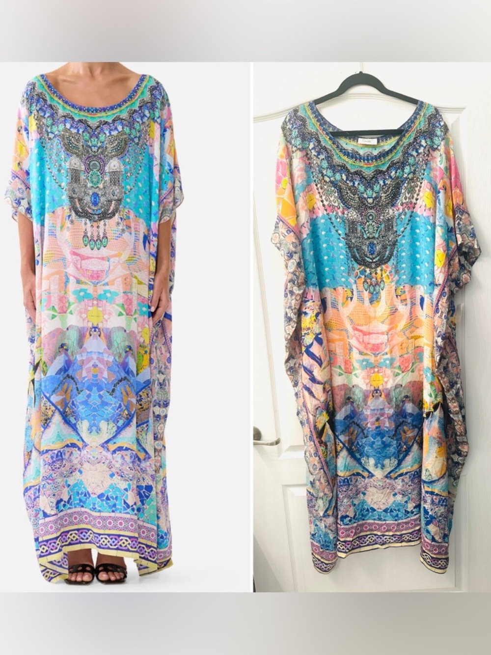 Camilla Multicolor Beaded Maxi Kaftan - Turquoise, Pink, Yellow OS